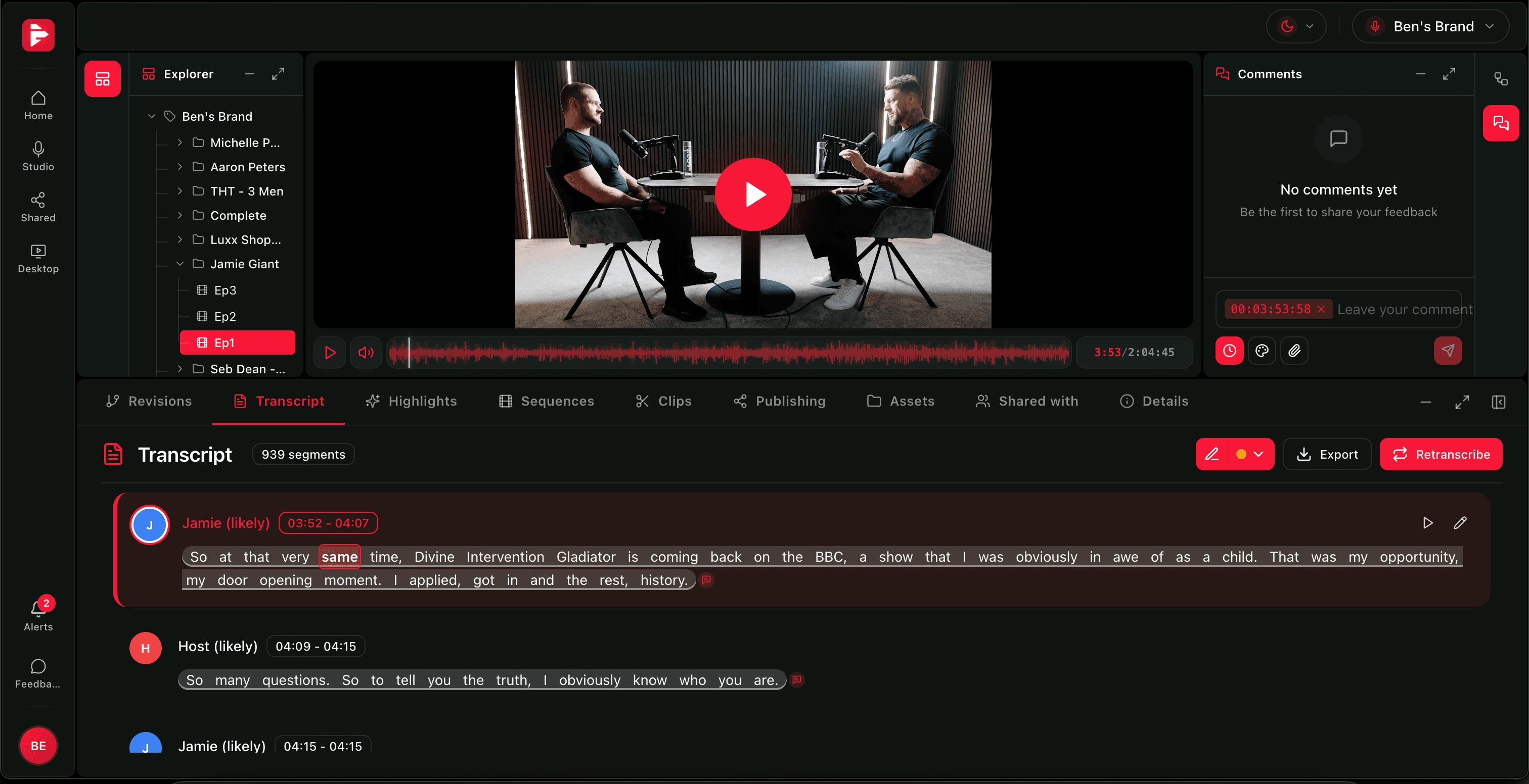 PodCut app — transcript and video view